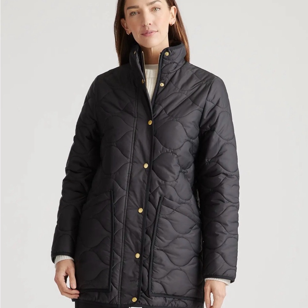 Quince Black Quilted Puffer Coat with Gold-Tone Snaps